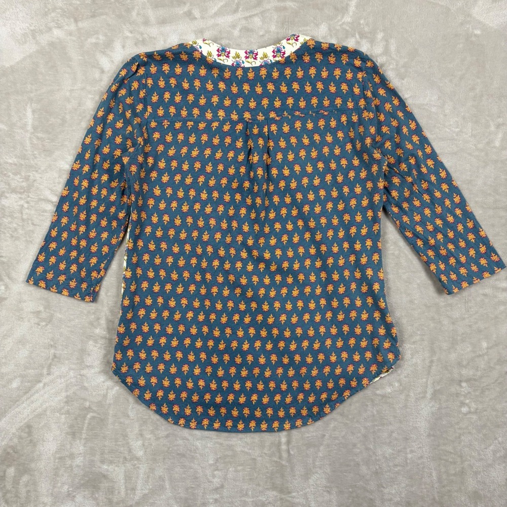 Anthropologie Maeve Top S Mixed Print Floral Damask Teal Orange 3/4 Sleeve Boho - Picture 2 of 7